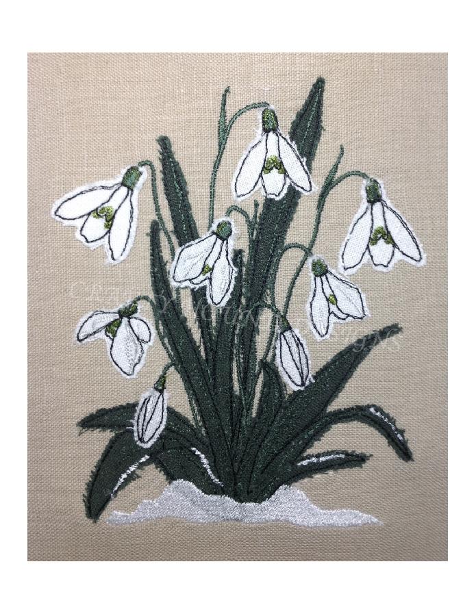 Helen, SNOWDROPS - raw edge applique designed and stitched by me using doggie bag linen pieces
