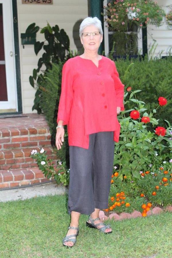 Barbara, Red Linen Top with Gray Linen Capri Pants:  Shirt buttons down the front and capri pants sport a kno...