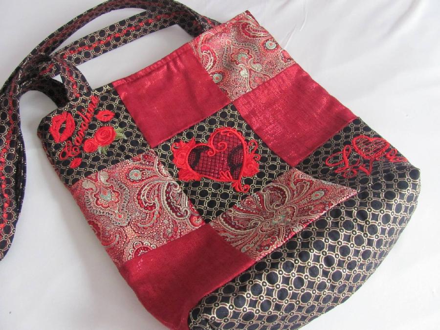 Melissa, Fashion glamour tote. Brocade, shimmer, and quilted fabrics, fully lined, embellished with custom em...