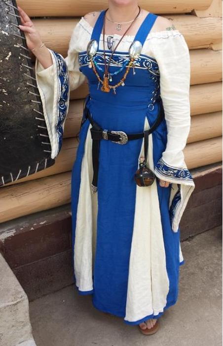 Marykate, This is a commissioned Viking wedding dress. The apron dress is made with royal blue panels and whit...