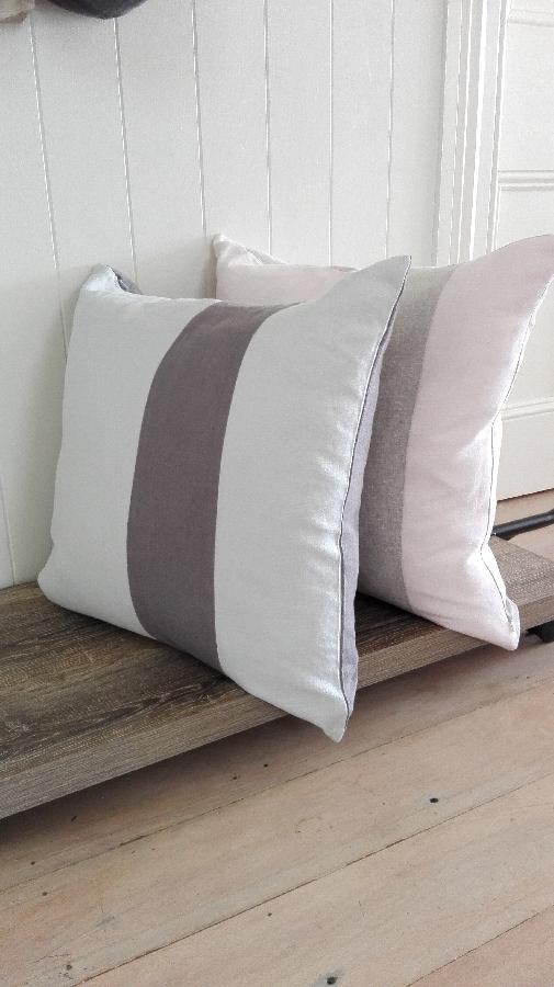 Angela, Feather filled large, lounging pillows in a combination of soft pink and mix natural linen and dove...