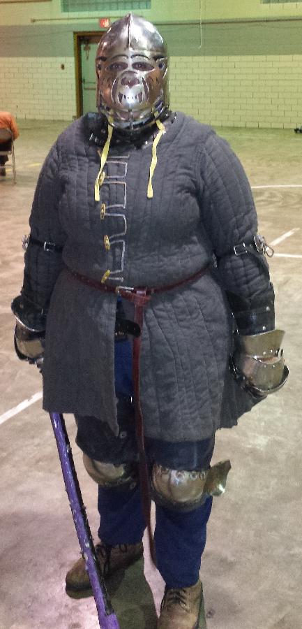 Amberly, Front view of my gambeson while armored. All hand finished! Quilted it myself! 