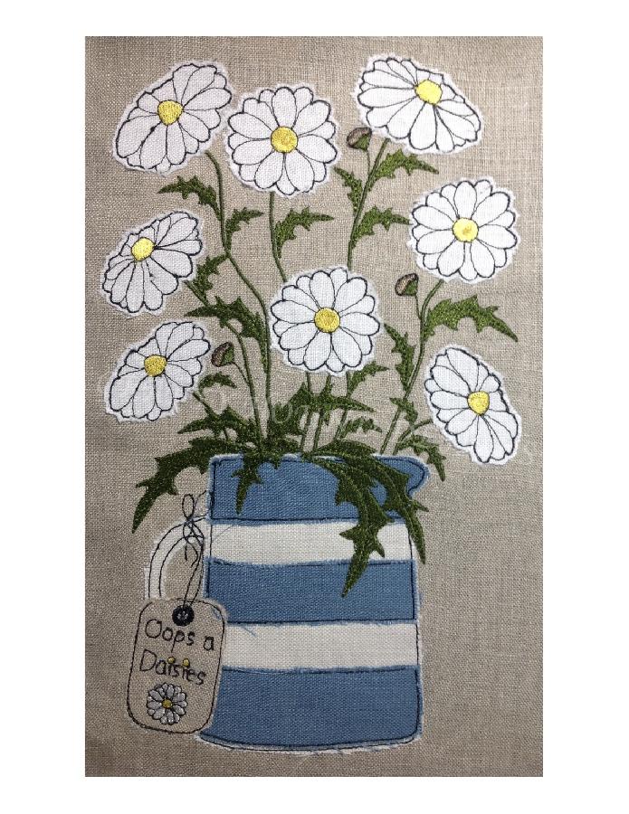 Helen, DAISIES - raw edge applique designed and stitched by me using doggie bag linen pieces