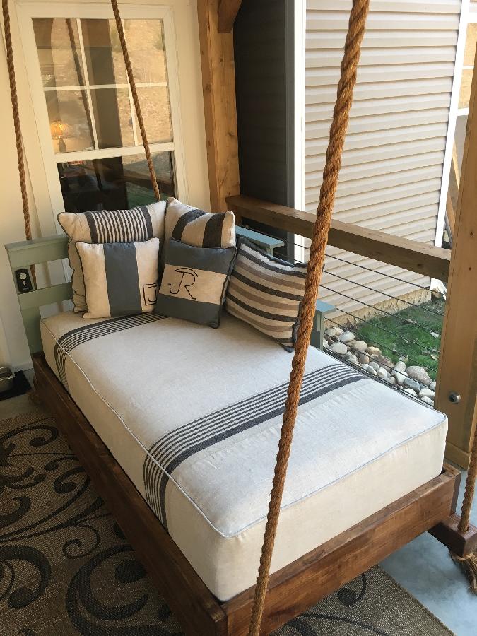 Debra , My swinging porch bed adorned with a combination of 4C22 Mixed natural, 4C22 Bayou Blue and various...