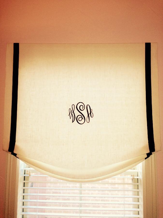 Wanda , Relaxed roman shade with brown grosgrain ribbon and matching monogram! We used the heavy bleached li...