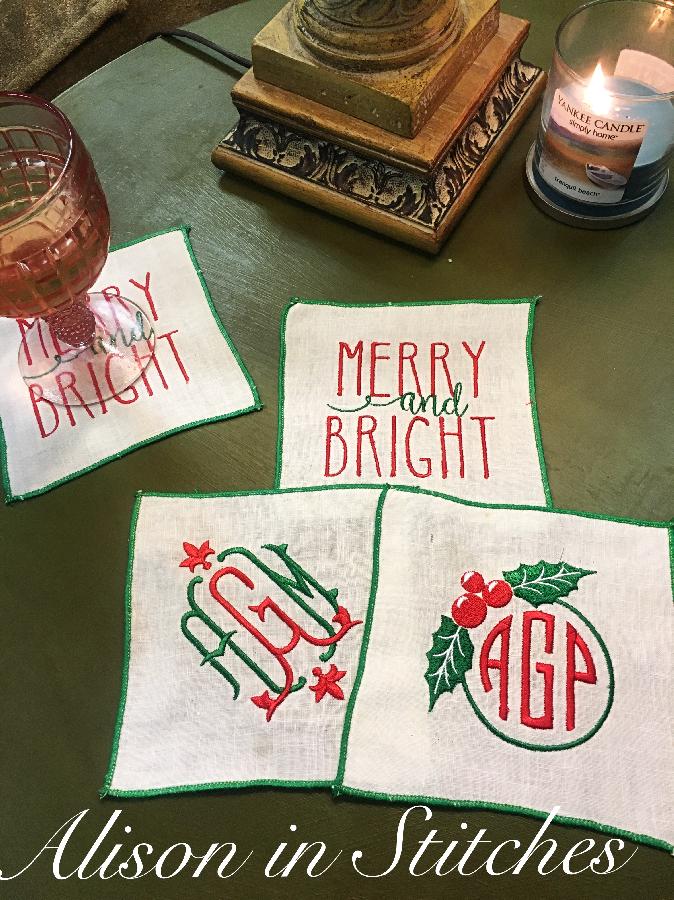 Alison, These holiday cocktail napkins are so easy!  I just cut a 6 x 6 square of my favorite linen, serge a...