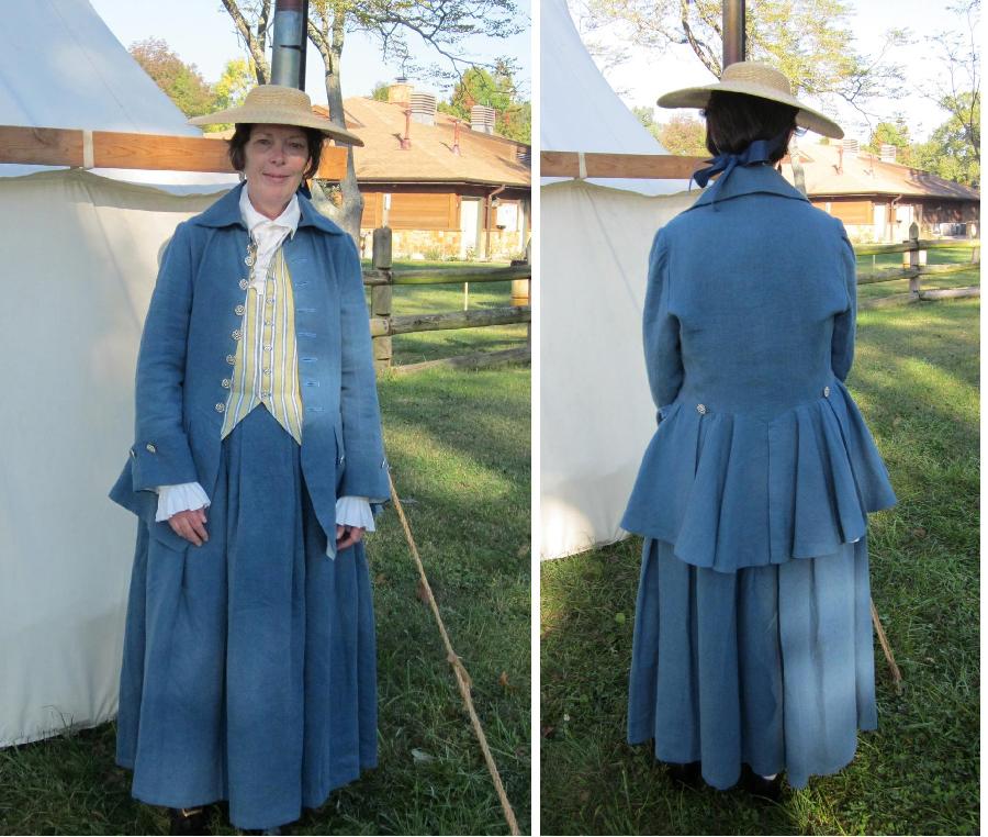 Carol r, Blue linen riding habit and striped waistcoat with pewter buttons using all natural linen fabrics. I...