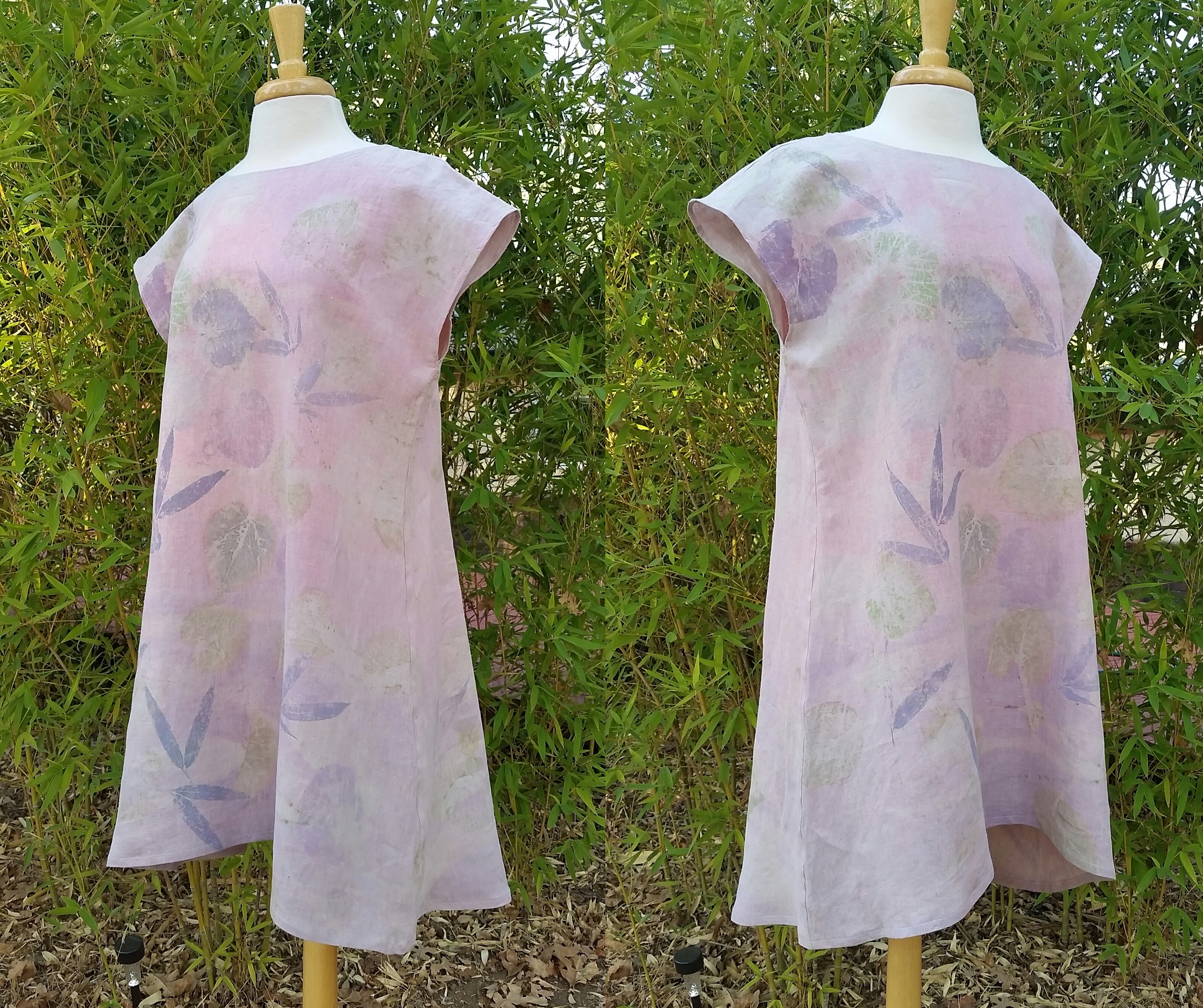 Virginia, Eco and bleeding tissue paper printed tunic dress with hand stamping.   IL020 BLEACHED - 100% Linen...