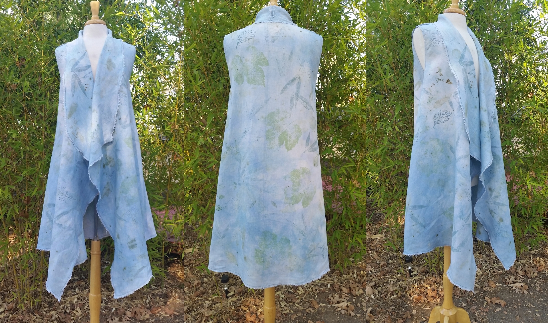 Virginia, Eco printed and Indigo dyed long vest with fringed edges.  IL020 BLEACHED - 100% Linen - Light.  But...