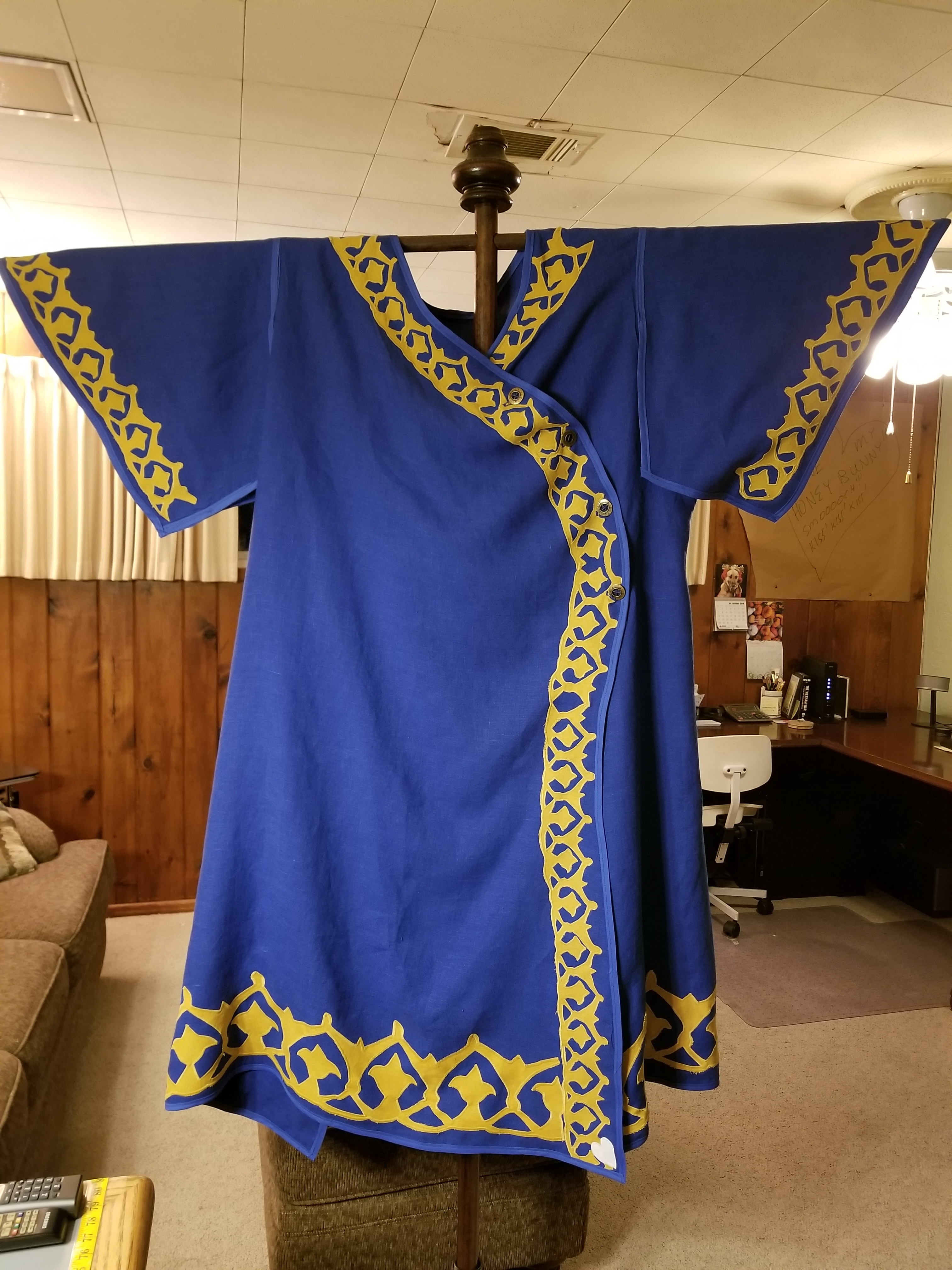 Diana, Mongolian War Cote.  Medium weight Royal Blue with lining.  Trim is custom  and appliqued on.