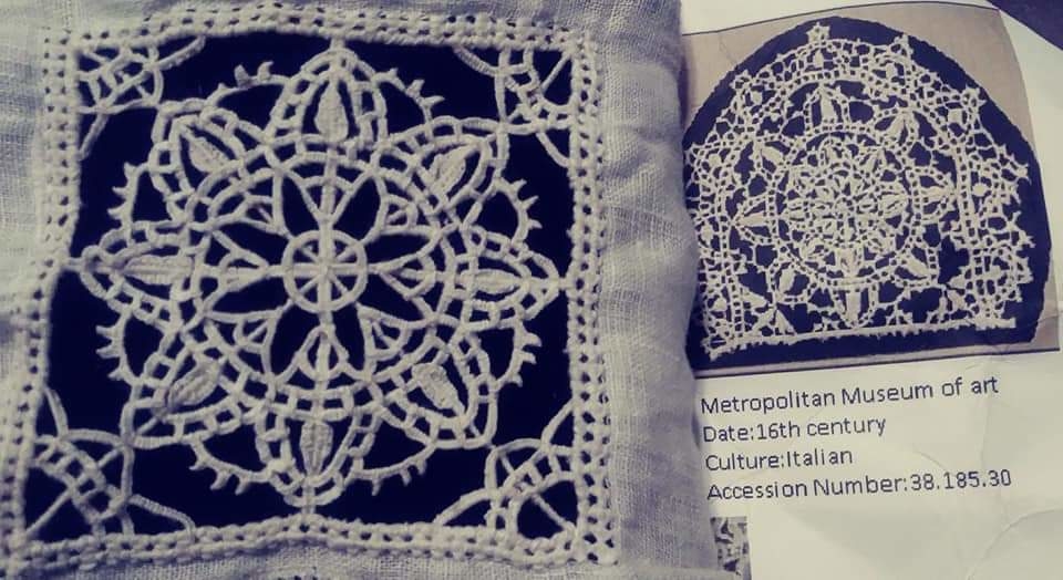 Christa, Reticella lace- done by hand- with linen thread based on the extant lace shown on right
