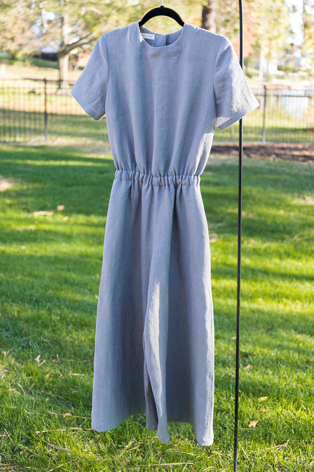 Gigi, Front view of the jumpsuit I designed out of heavyweight asphalt linen.