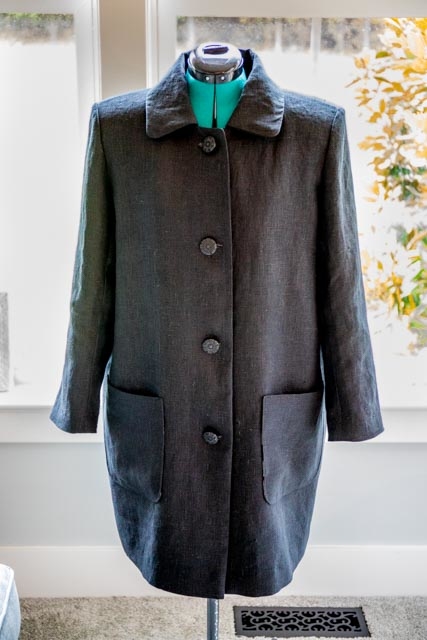 Gigi, This coat was my first attempt at a tailored garment.  It is black heavyweight linen with cotton lin...