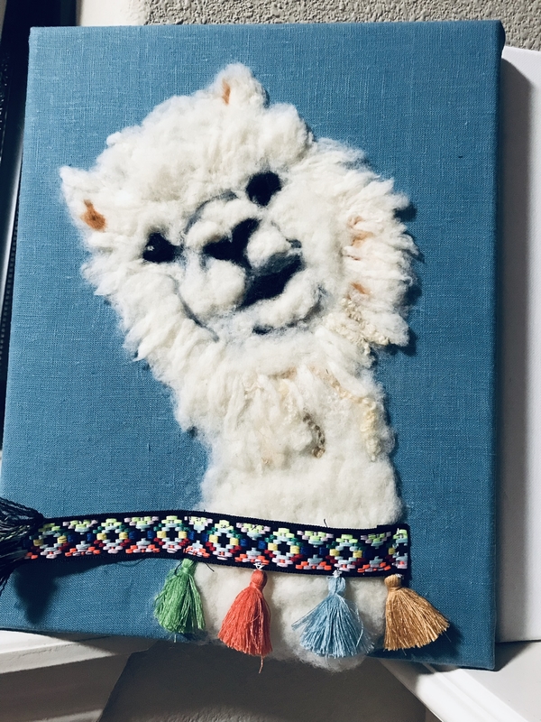 Rosann, Wool needle  felted alpaca on  torqouise linen L019