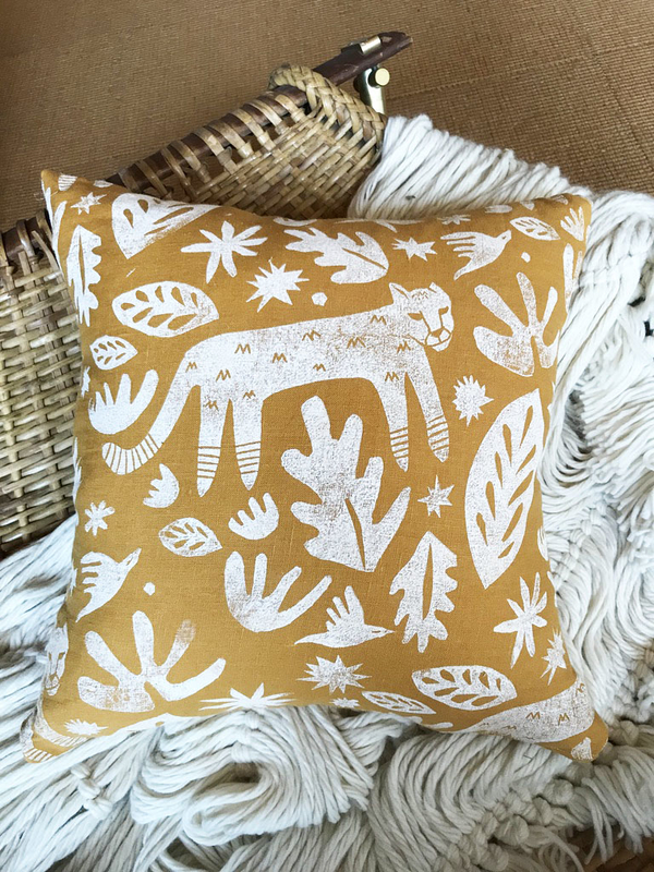 Ruth and Rhoda, Hand block printed pillow in original pattern by Ruth + Rhoda using IL019 in Autumn Gold.
