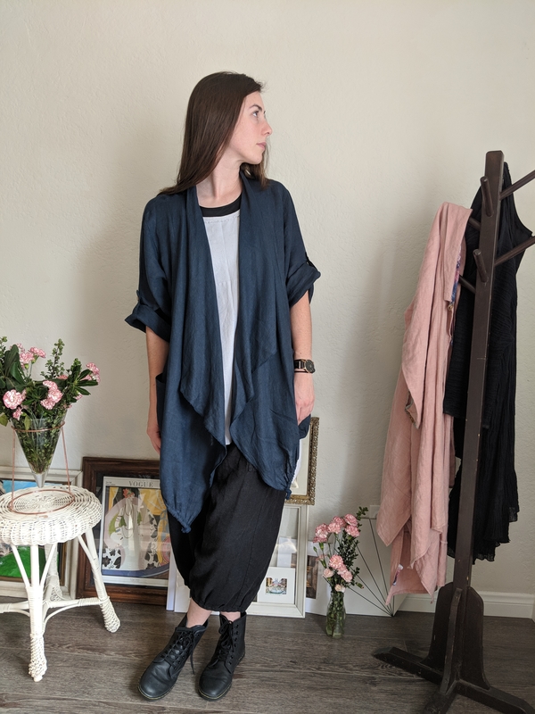 Jane, Loose fitting waterfall jacket IL020 Linen paired with loose fitting bloomer style pants made from I...