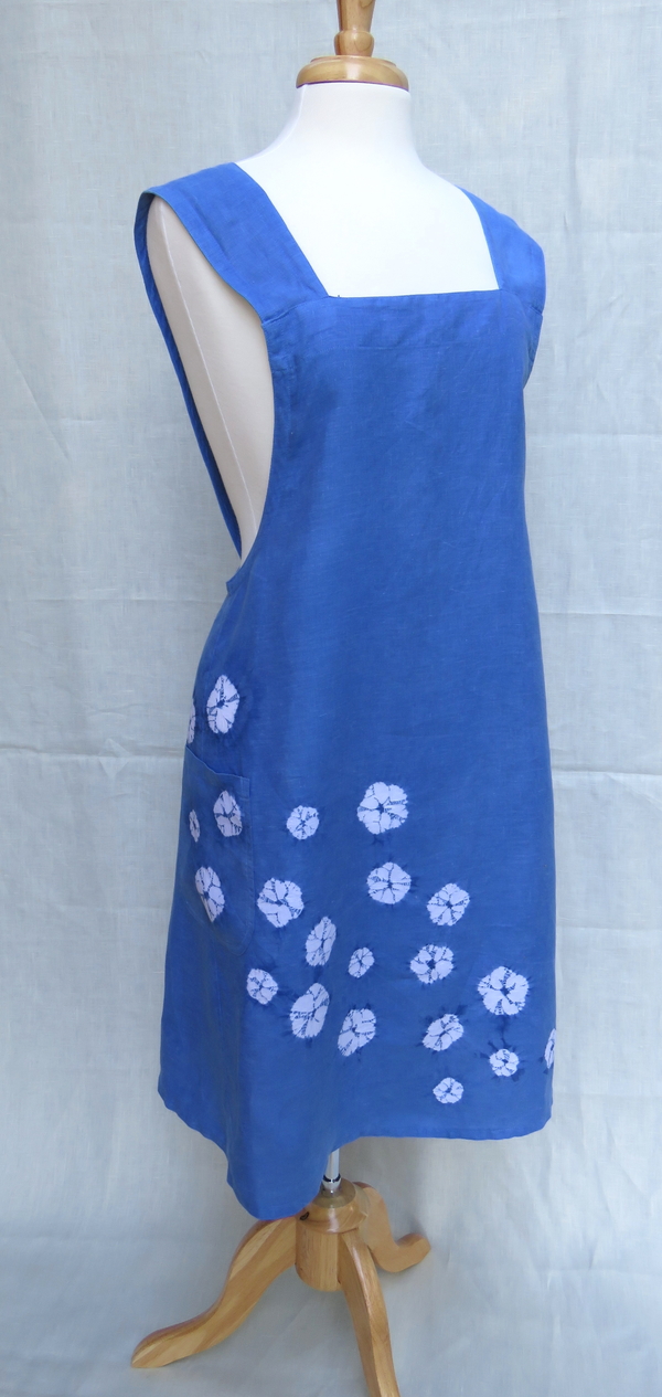 Erica, Indigo dyed, shibori embellished, cross back apron in mid weight linen.