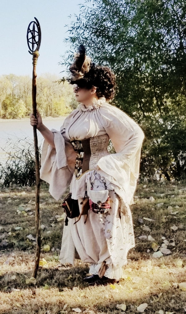 Katherine, Diagon Alley Apothacarian costume using many yards of white linen  for the tunic and bloomers that I...