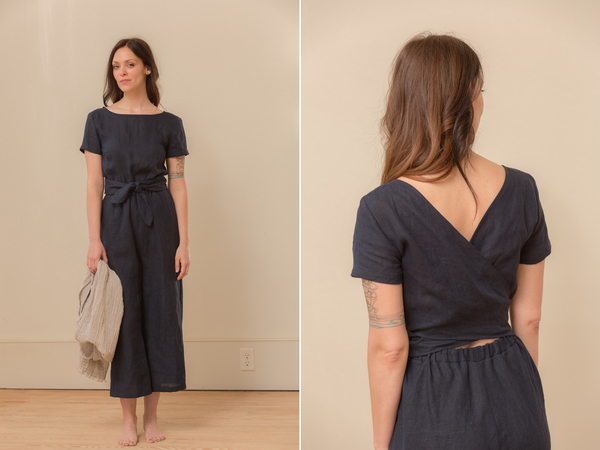 Paula, This is my short sleeve jumpsuit with a wrapped back, boat neck, elastic waist and a cropped wide le...