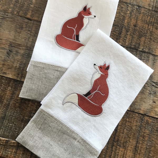 Rebecca, Embroidered Foxeson Guest Towels I made from Med weight softened optic white and natural linen