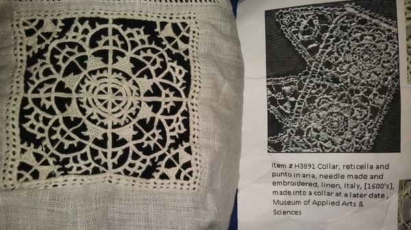 Christa, Reticella lace motif with extant lace the motif is based on in black and white on the right- linen t...