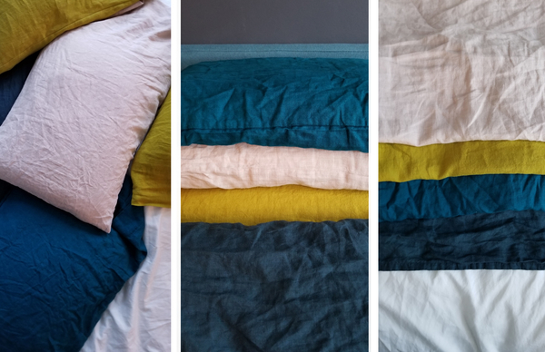 Lisa, Hand dyed IL019 Soft Pink, Golden Olive and IL020 French Blue linen for pillow cases and sheets. Whi...