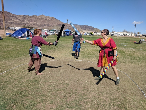 Shannon, Red and gold tunic on the right. Patterned after a viking tunic in Gryffindor colors. It is built fo...