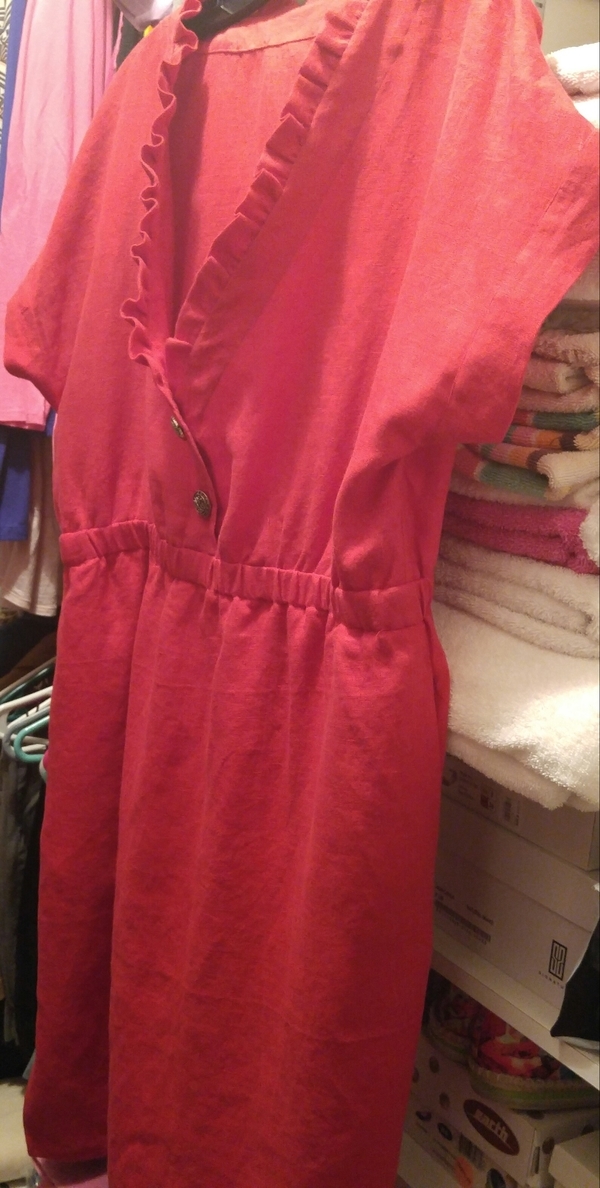 Lynn, Red linen shirt dress. 
Comfy and work appropriate. Doesnt wrinkle much either. Love it