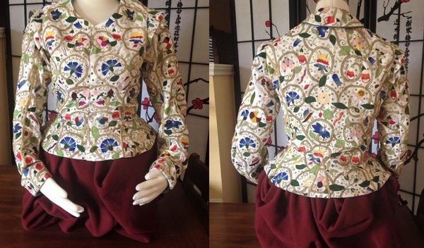 Heather, Hand embroidered, Elizabethan Polychrome waistcoat. 
IL019 5.3 OZ 100% linen base. in Optic white....