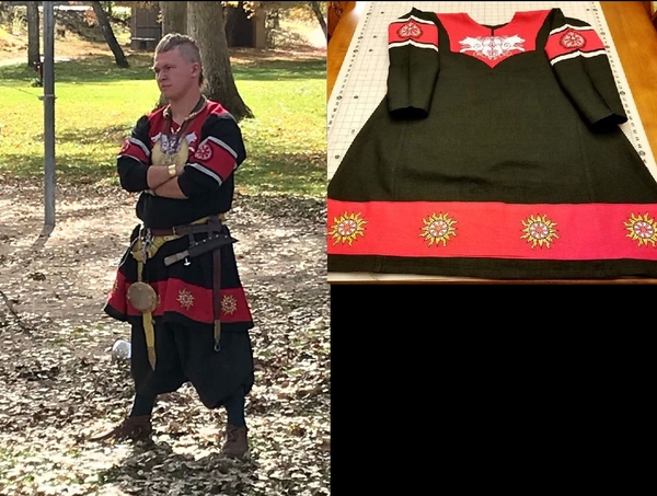 Michelle, Viking Tunic for the Atenveldt Cut-N-Thrust Champion
Black and Firecracker Red Linen