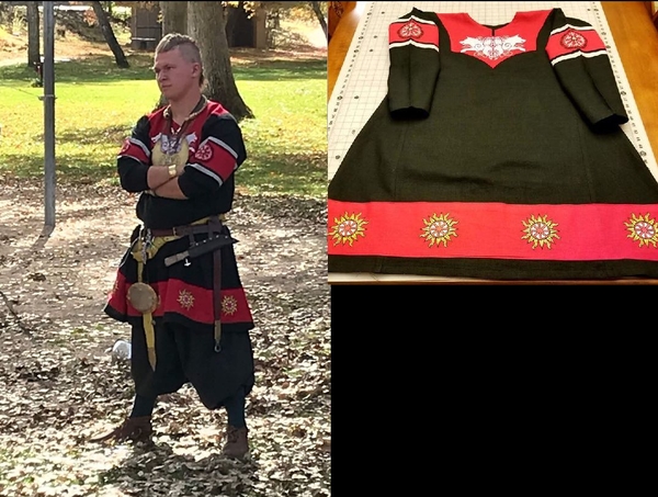 Michelle, Viking Tunic for the Atenveldt Cut-N-Thrust Champion
Black and Firecracker Red Linen