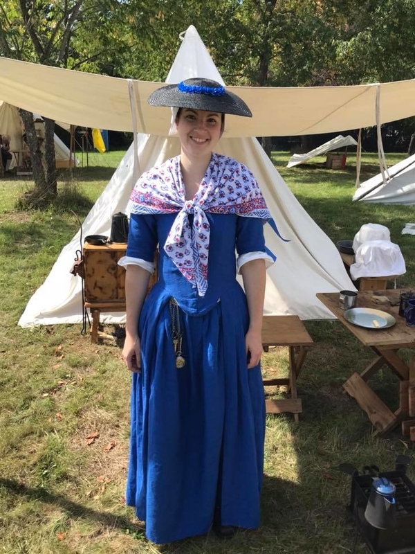 Molly, 18th century Polonaise gown and petticoat made from 4C22 Royal Blue linen.