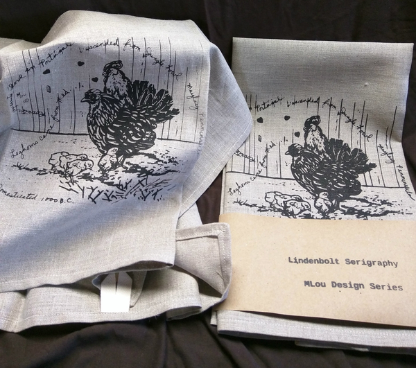 Gretchen, Tea Towel - Hens 
The art is my mothers designed with history as well as the lovely image. I screen...