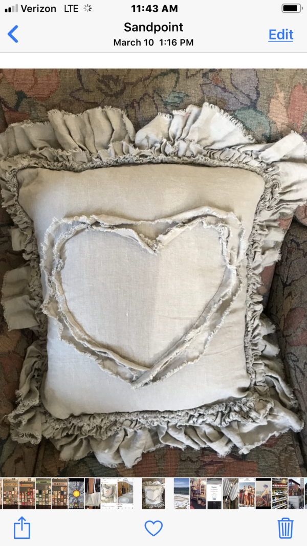 Josie, Raw edge ruffled linen pillow. So sweet with heart design!