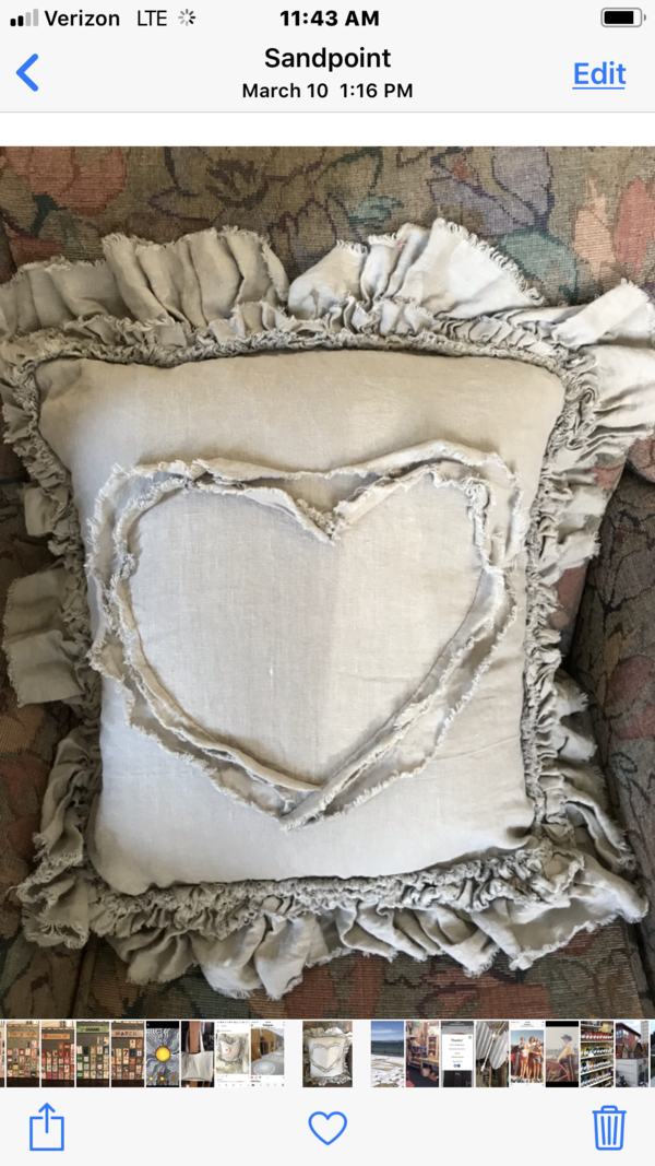 Josie, Raw edge ruffled linen pillow. So sweet with heart design!