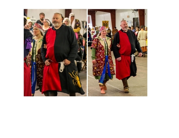 Honilynn, 13th century mens tunic and particolored surcoat with applique work (all linen). 16th century women...