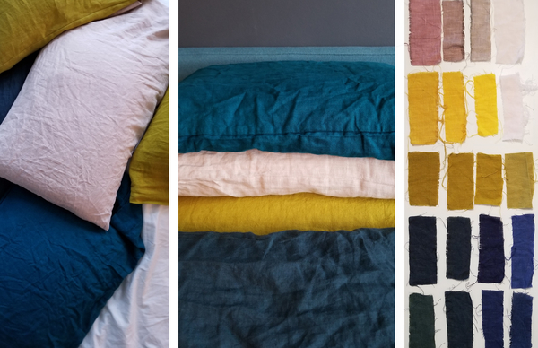 Lisa, "Hand dyed IL019 Soft Pink, Golden Olive and IL020 French Blue linen for pillow cases and sheet...