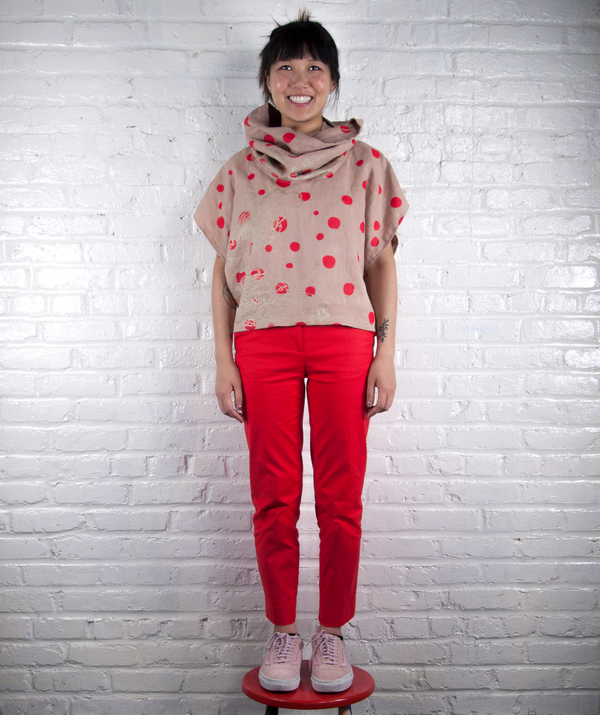 Karin, My fine linen cowl neck top.  I dyed the fabric with avocado stones, then silkscreened with polka do...
