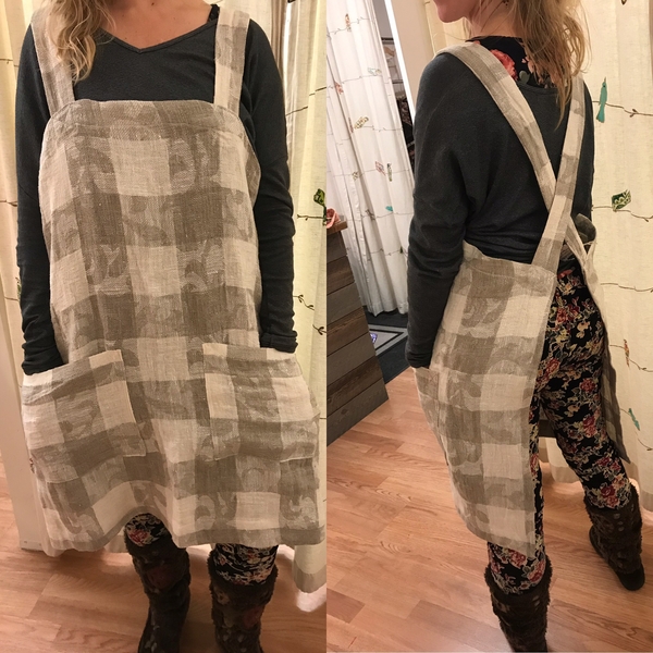 Josie, Pinafore Apron wear it to cook, to garden,, to do anything!  Large pockets. No buttons or hooks or t...