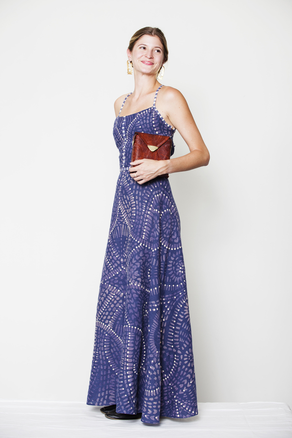 Emily, Linen Picnic Dress: Plum linen printed with discharge paste to remove dye in a spiraling pattern. Do...