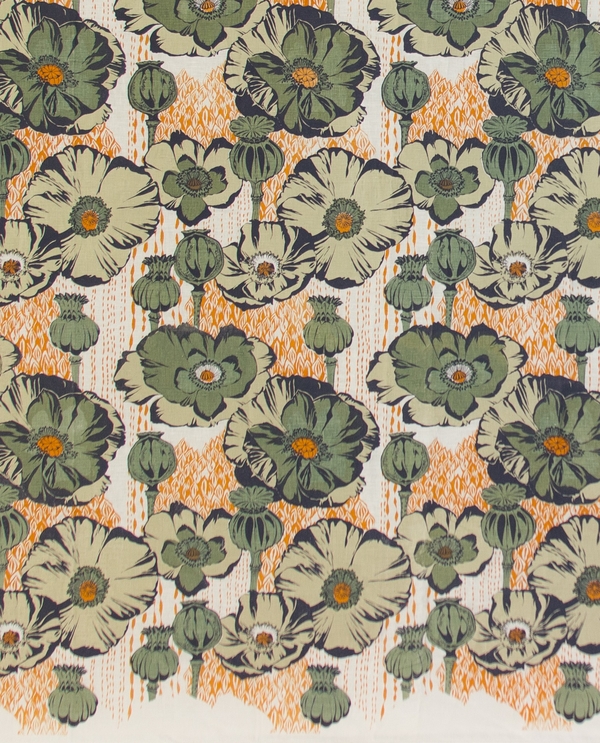 Emily, Jade Poppy Field Linen: Layered four color screen-printed linen print designed with hand drawn overs...