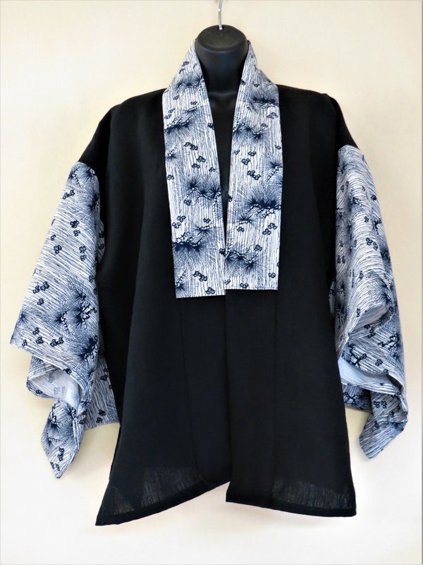 Joan, Kimono jacket made with ILO19 Black linen for the body combined with a Japanese yukata cotton for th...