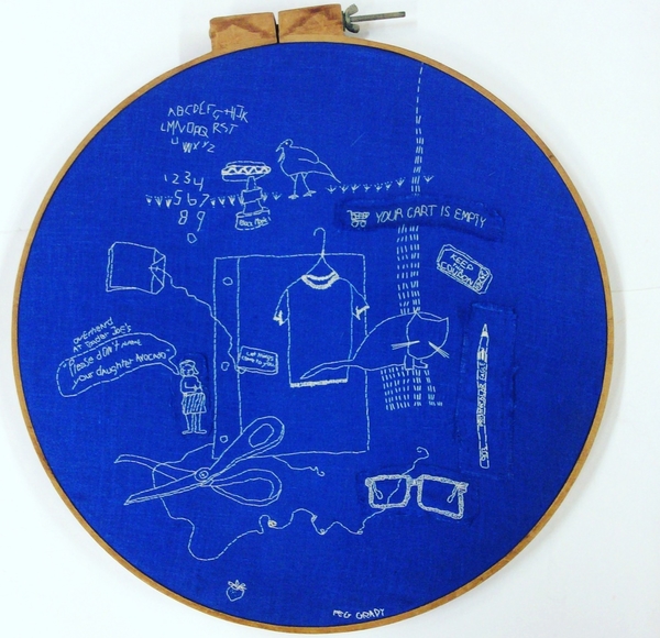 Peg, White cotton thread on blue linen in 22" embroidery hoop. Inspired by what I heard, saw, did, o...