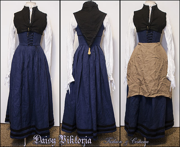 Daisy, 16th century Flemish gown in blue linen with black linen contrasting bands, worn with a black linen...
