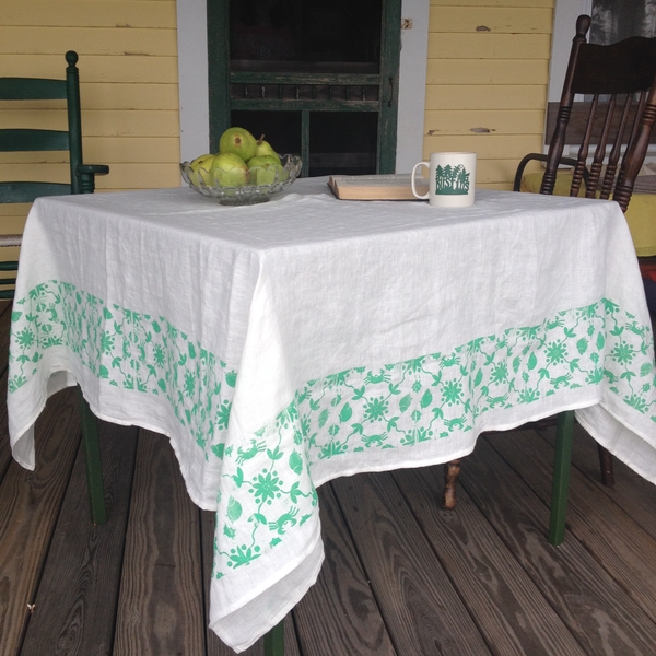 Kathi, The border on this linen tablecloth is a design I hand carved and linocut block printed with Maine c...