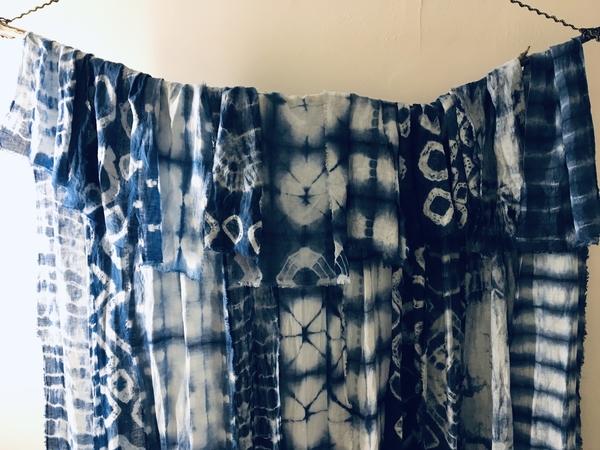 Elizabeth, Indigo Shibori Tie Dye Textiles on L30 Bleached.The natural indigo blue dye on lightweight linen cha...
