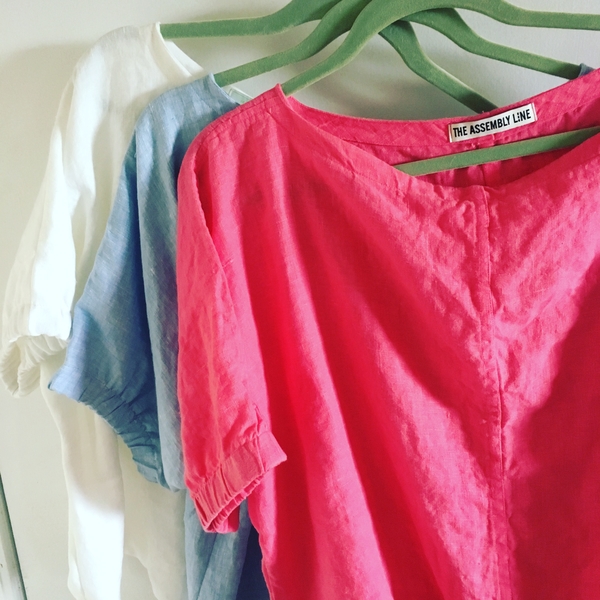 Kim, Three “Cuff Top” shirts, pattern by The Assembly Line Shop.