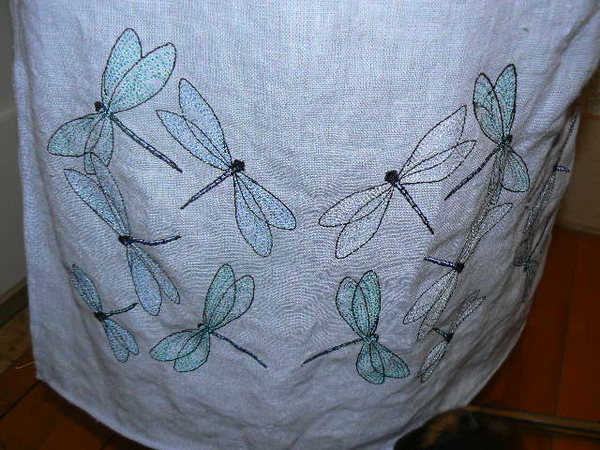 Mercedes, Updated the linen skirt with machine embroidery.