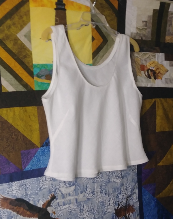 Elaine, The Nico camisole, neck and armhole edges finished with Piped Bias - hanging over a quilt in progres...