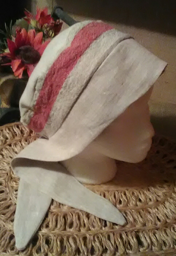 Debra, Pull on cap hat made from mixed natural and striped canvas linen. Easy on and off!